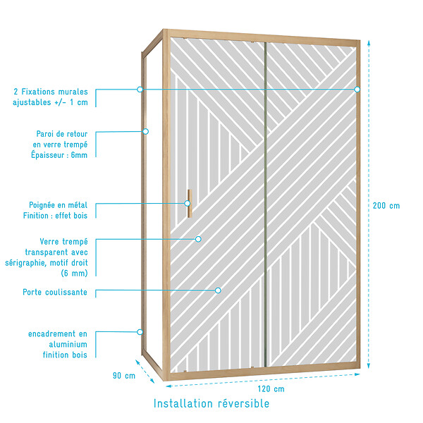 AURLANE - Porte de Douche Coulissante avec Retour 120x90x200cm Style Japandi Géométrique - Cadre Effet Bois - large