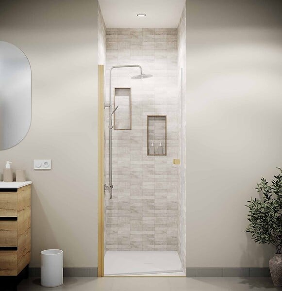 AURLANE - Porte de Douche Pivotante 70x195cm - Verre Trempe 8mm Anticalcaire - Alu Or Brosse - GOLD ELEMENTARY - large
