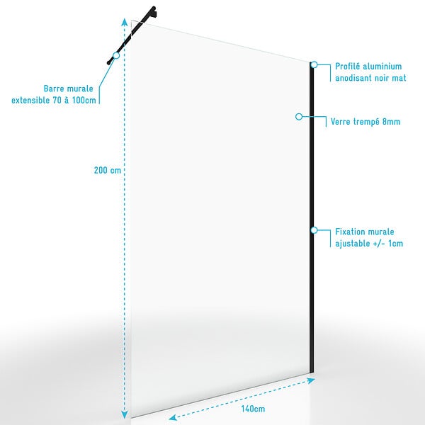 AURLANE - Paroi de Douche 140x200cm Verre Transparent - Barre de Fixation Extensible et Profil Noir - large