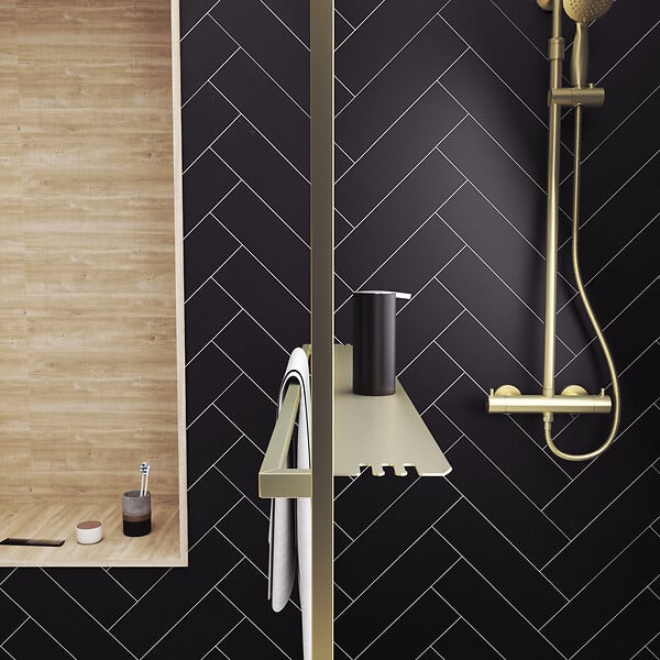 AURLANE - Paroi de Douche Or Doré Brossé 140x200cm - Porte-Serviette et Etagère - large