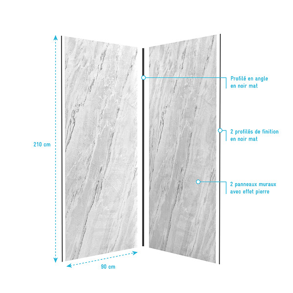 AURLANE - Pack de 2 Panneaux Muraux Pierre Artic Storm 90+90x210 cm avec Profilés NOIR MAT - STONE'IT - large
