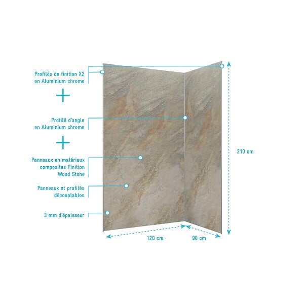 AURLANE - Pack de 2 Panneaux Muraux Pierre Wood Stone 90+120x210 cm avec Profilés ANODISE BRILLANT - STONE'IT - large