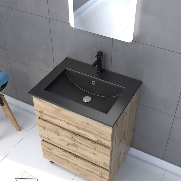 AURLANE - Pack Meuble SDB 60cm sur pieds 3 tiroirs Chene_Vasque noire + Miroir Led - TIMBER 60_Pack 14 - large