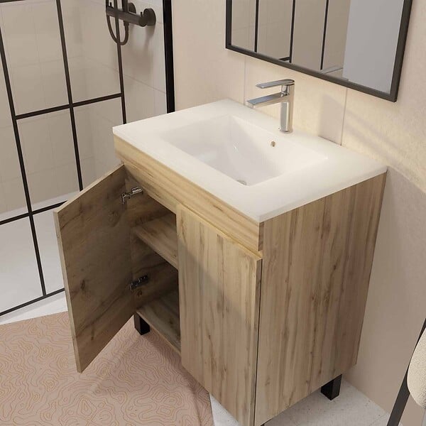 AURLANE - Meuble de salle de bains 70cm TIMBER Décor Chêne Naturel à Portes Vasque Blanche et Miroir 70x50 - large