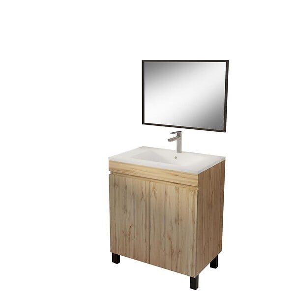 AURLANE - Meuble de salle de bains 70cm TIMBER Décor Chêne Naturel à Portes Vasque Blanche et Miroir 70x50 - large