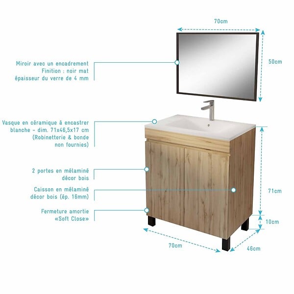AURLANE - Meuble de salle de bains 70cm TIMBER Décor Chêne Naturel à Portes Vasque Blanche et Miroir 70x50 - large