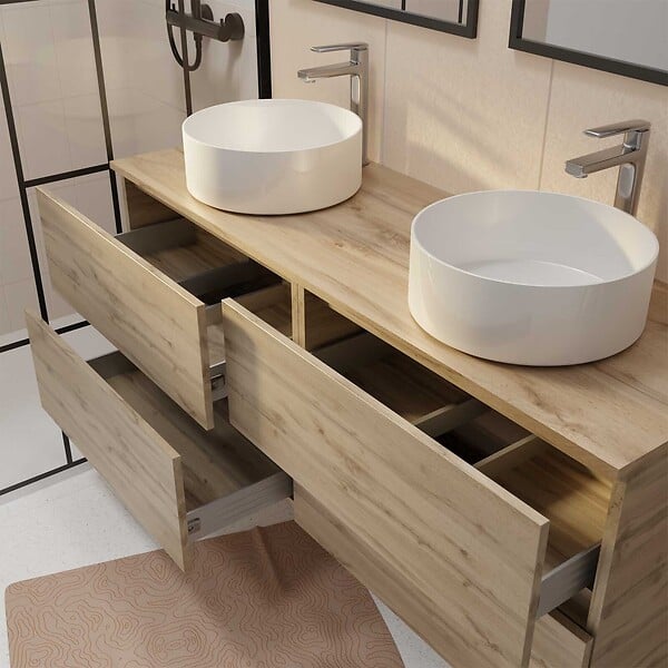 AURLANE - Meuble de salle de bains 140 TIMBER Décor Chêne - 4 Tiroirs - 2 Vasques Rondes Blanches 36cm - large