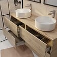 AURLANE - Meuble de salle de bains 140 TIMBER Décor Chêne - 4 Tiroirs - 2 Vasques Rondes Blanches 36cm - vignette