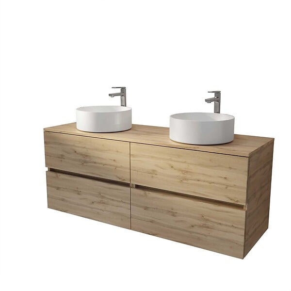 AURLANE - Meuble de salle de bains 140 TIMBER Décor Chêne - 4 Tiroirs - 2 Vasques Rondes Blanches 36cm - large