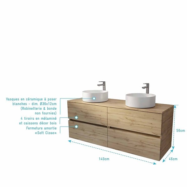 AURLANE - Meuble de salle de bains 140 TIMBER Décor Chêne - 4 Tiroirs - 2 Vasques Rondes Blanches 36cm - large