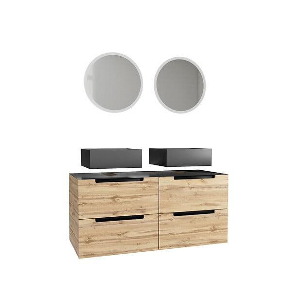AURLANE - Meuble salle de bains 120cm Chene et noir, Vasques carrees et Miroirs Led Diam 50cm - OMEGA - large