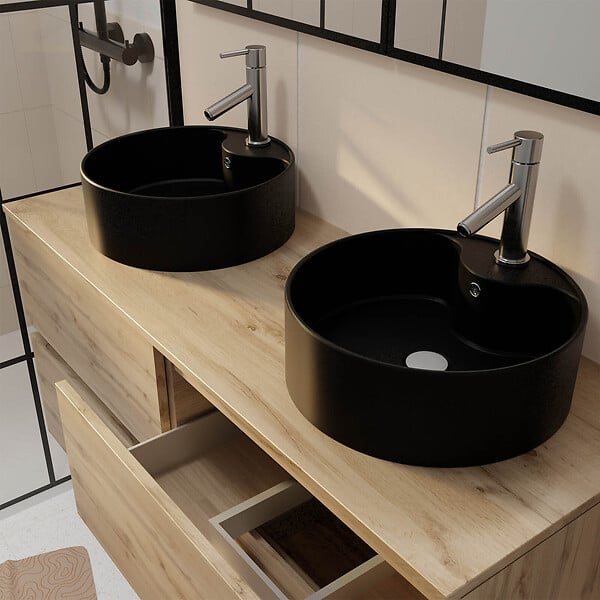 AURLANE - Meuble Salle de Bains 120cm 4 Tiroirs Chêne Naturel - 2 Vasques Rondes 41cm en Céramique Noire - large