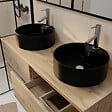 AURLANE - Meuble Salle de Bains 120cm 4 Tiroirs Chêne Naturel - 2 Vasques Rondes 41cm en Céramique Noire - vignette