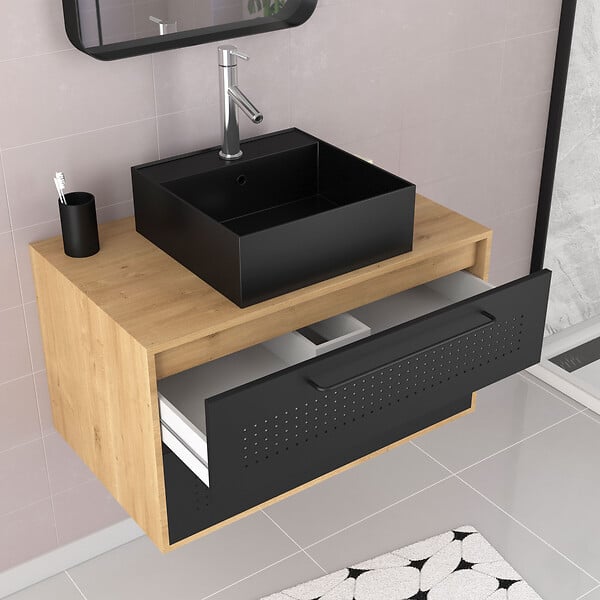 AURLANE - Meuble Salle de Bains 80 cm, Vasque Carrée et Miroir - Chêne naturel et Noir Mat - UBY - large