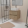 AURLANE - Meuble Salle de Bains 60cm 2 Tiroirs Chêne Naturel + Vasque Carrée 41x41x15cm en Céramique Blanche - vignette