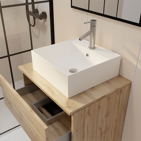 AURLANE - Meuble Salle de Bains 60cm 2 Tiroirs Chêne Naturel + Vasque Carrée 41x41x15cm en Céramique Blanche - large