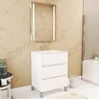 AURLANE - Pack Meuble Salle de Bains 60cm Blanc 3 Tiroirs, Vasque, Miroir 60x80 à Leds intégrées - XENOS - vignette