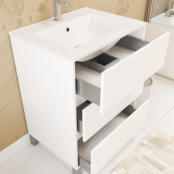 AURLANE - Pack Meuble Salle de Bains 60cm Blanc 3 Tiroirs, Vasque, Miroir 60x80 à Leds intégrées - XENOS - large