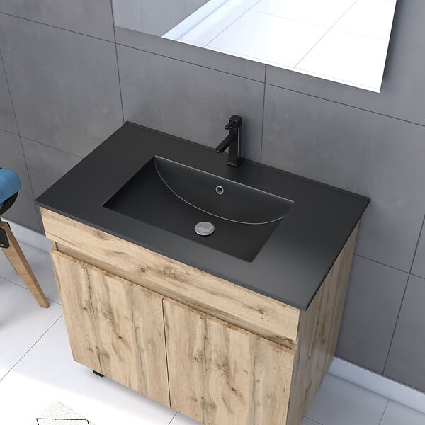 AURLANE - Meuble salle de bain 80x80 - Finition chene naturel + vasque noire + miroir Led - TIMBER 80 - Pack06 - large