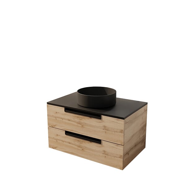 AURLANE - Meuble salle de bains 80 cm a Suspendre Decor Bois et Plan Noir - 2 Tiroirs - Vasque Noire 36 cm - large