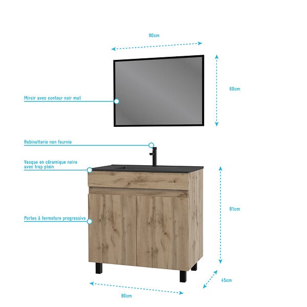 AURLANE - Meuble salle de bain 80x80 cm - Finition chene naturel + vasque noire + miroir - TIMBER 80 - Pack05 - large