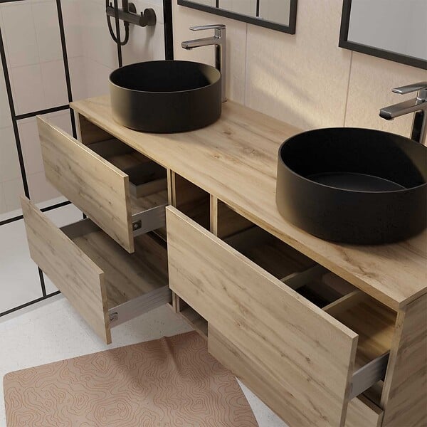 AURLANE - Meuble de Salle de Bains 140 TIMBER Décor Chêne 4 tiroirs et module - Vasques Noires 36cm - large