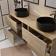 AURLANE - Meuble de Salle de Bains 140 TIMBER Décor Chêne 4 tiroirs et module - Vasques Noires 36cm - vignette