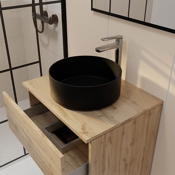 AURLANE - Meuble Salle de Bains 80cm 2 Tiroirs Chêne Naturel + Vasque Ronde Diamètre 36cm en Céramique Noire - large