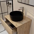 AURLANE - Meuble Salle de Bains 80cm 2 Tiroirs Chêne Naturel + Vasque Ronde Diamètre 36cm en Céramique Noire - vignette