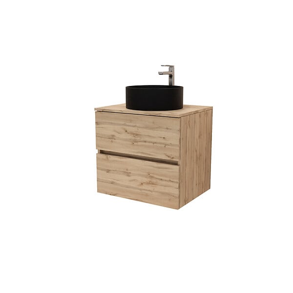 AURLANE - Meuble Salle de Bains 80cm 2 Tiroirs Chêne Naturel + Vasque Ronde Diamètre 36cm en Céramique Noire - large