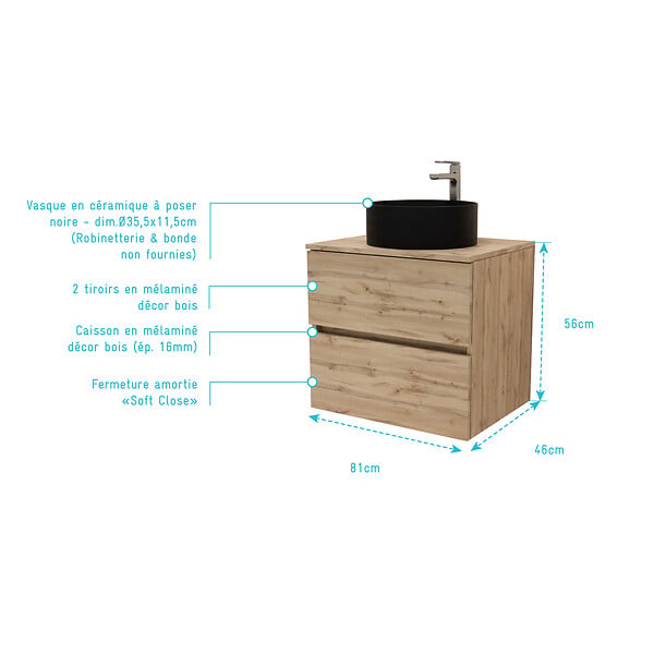 AURLANE - Meuble Salle de Bains 80cm 2 Tiroirs Chêne Naturel + Vasque Ronde Diamètre 36cm en Céramique Noire - large