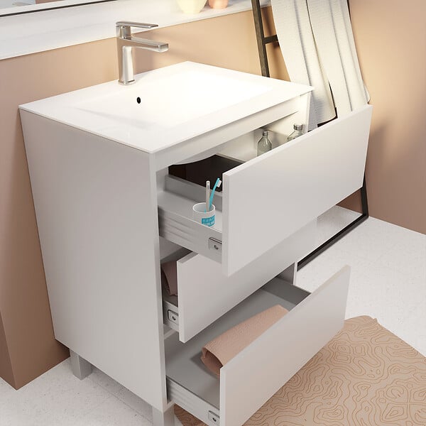 AURLANE - Pack Meuble Salle de Bains 60 cm Laqué Blanc, 3 tiroirs avec Vasque Céramique - XENOS - large