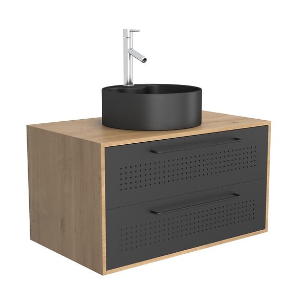 AURLANE - Meuble de Salle de Bains 80 cm avec Vasque Ronde - Finition Chêne naturel et Noir Mat - UBY - large