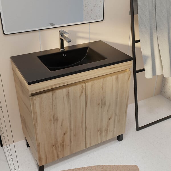 AURLANE - Meuble de salle de bains 80 cm 2 Portes Chêne Naturel + Vasque Céramique Noire - TIMBER - large