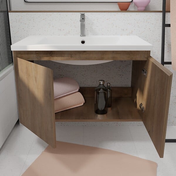 AURLANE - Meuble de salle de bains 80cm à Suspendre Décor Bois Clair - 2 Portes - Vasque Blanche - ELEMENTARY - large