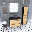 AURLANE - Meuble Salle de Bains 80 cm, Vasque Noire, Miroir Led et Colonne - Chêne et Noir - STRUCTURA - vignette