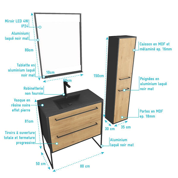 AURLANE - Meuble Salle de Bains 80 cm, Vasque Noire, Miroir Led et Colonne - Chêne et Noir - STRUCTURA - large