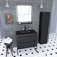 AURLANE - Meuble Salle de Bains 80 cm, Vasque Noire, Miroir Led et Colonne - Noir - STRUCTURA - vignette