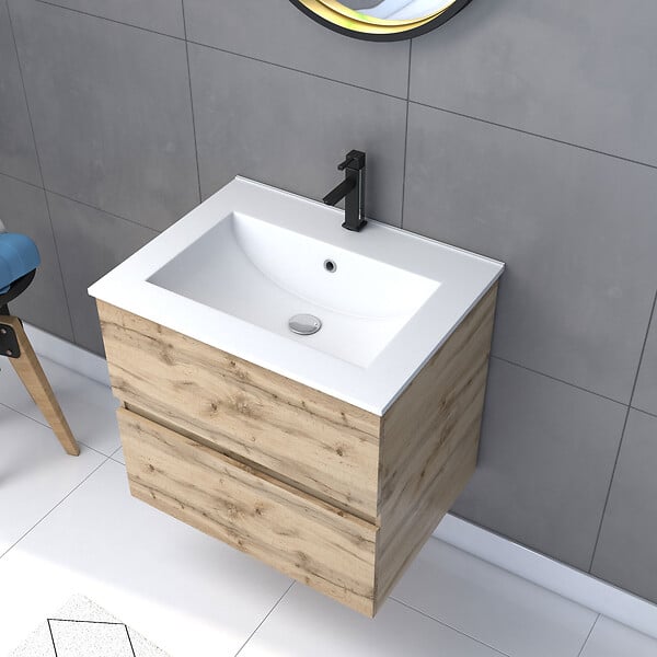 AURLANE - Pack Meuble SDB 60cm suspendu 2 tiroirs Chene_Vasque blanche + Miroir Barber - TIMBER 60_Pack32 - large