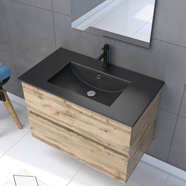 AURLANE - Meuble salle de bain 80x54 - Finition chene naturel + vasque noire + miroir Led - TIMBER 80 - Pack33 - large