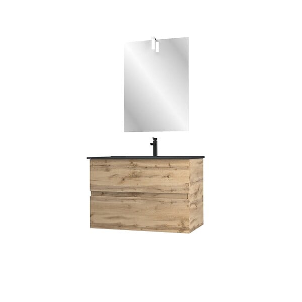 AURLANE - Meuble salle de bain 80x54 - Finition chene naturel + vasque noire + miroir Led - TIMBER 80 - Pack33 - large