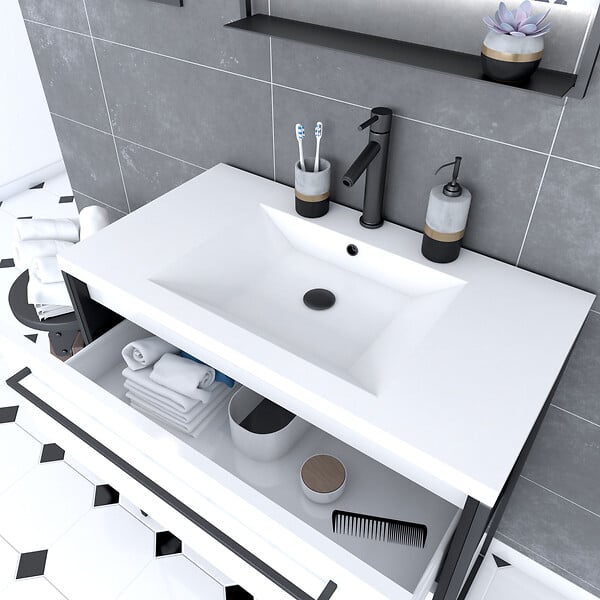 AURLANE - Meuble de salle de bain 80x50cm NOIR MAT - 2 tiroirs blanc - vasque blanche - STRUCTURA F034 - large