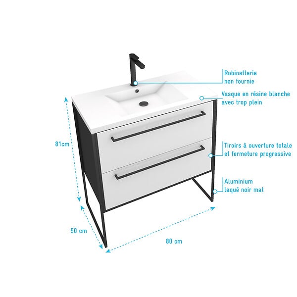 AURLANE - Meuble de salle de bain 80x50cm NOIR MAT - 2 tiroirs blanc - vasque blanche - STRUCTURA F034 - large