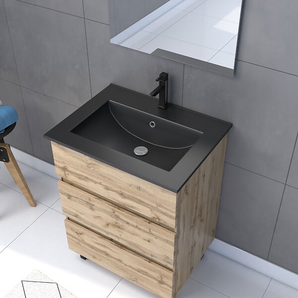 AURLANE - Meuble salle de bain 60x80 - Finition chene naturel + vasque noire + miroir Led - TIMBER 60 - Pack39 - large