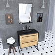 AURLANE - Meuble de salle de bain 80x50 cm NOIR MAT - 2 tiroirs - vasque résine noire effet pierre + miroir - vignette