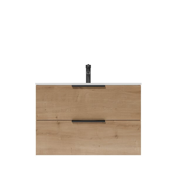 AURLANE - Meuble de Salle de Bains 80cm Suspendu Decor Bois Clair 2 Tiroirs - Vasque Blanche - ELEMENTARY - large