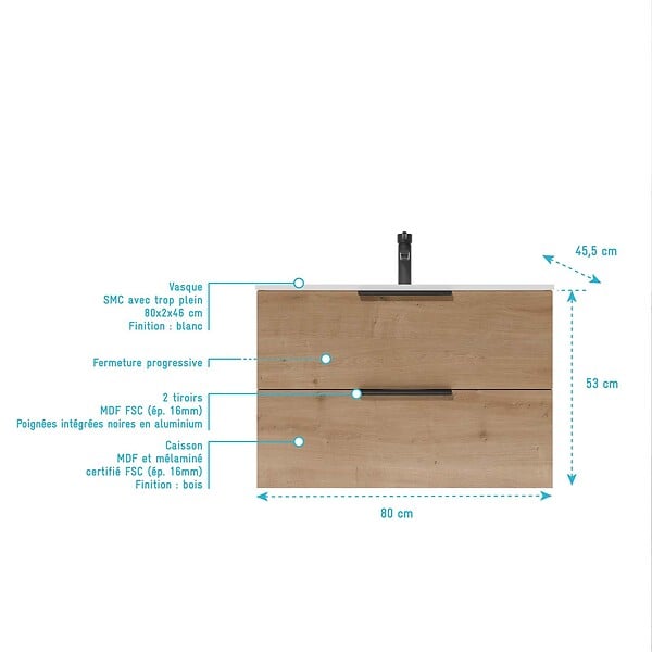 AURLANE - Meuble de Salle de Bains 80cm Suspendu Decor Bois Clair 2 Tiroirs - Vasque Blanche - ELEMENTARY - large