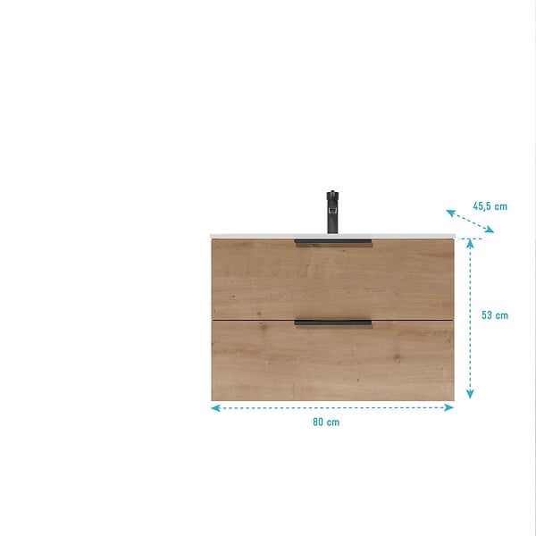 AURLANE - Meuble de Salle de Bains 80cm Suspendu Decor Bois Clair 2 Tiroirs - Vasque Blanche - ELEMENTARY - large