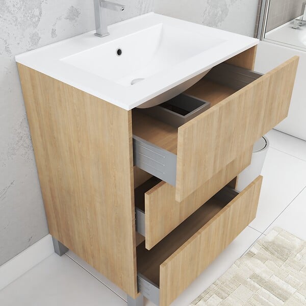 AURLANE - Pack Meuble Salle de Bains 60cm Chêne Clair 3 Tiroirs, Vasque, Miroir 60x80 à Leds intégrées - XENOS - large