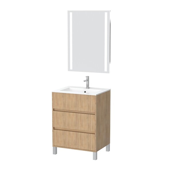 AURLANE - Pack Meuble Salle de Bains 60cm Chêne Clair 3 Tiroirs, Vasque, Miroir 60x80 à Leds intégrées - XENOS - large